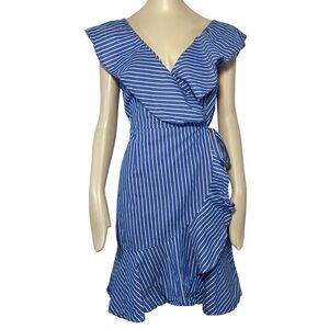 Lulus blue white stripe ruffle wrap dress “Valencia” sz Medium